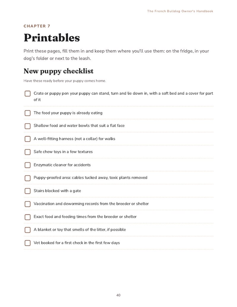 Handbook page preview: New puppy checklist