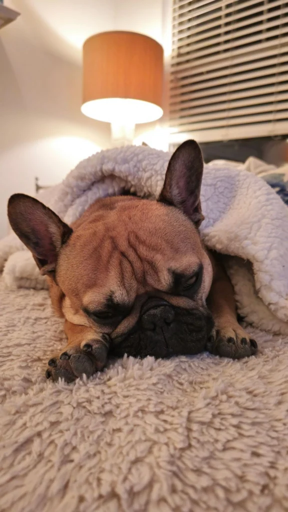 Fawn French Bulldog resting under a fleece blanket in a lamp-lit bedroom